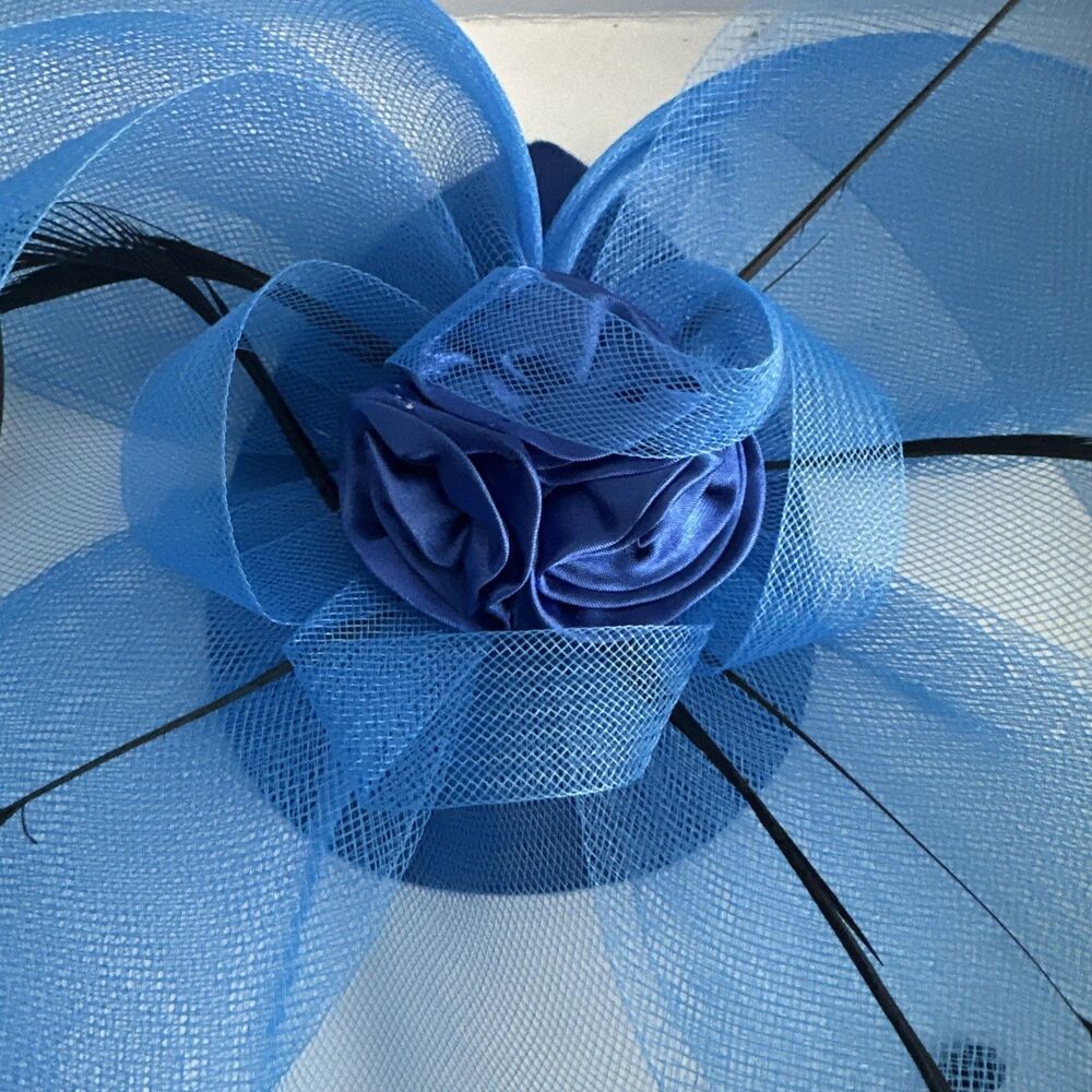 Blue Fascinator Black Feathers Mesh Netting Wedding Races - Picture 2 of 10